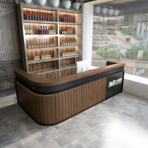 l型原木纹吧台转角收银台烧烤饭店柜台酒吧前台民宿接待店铺定制