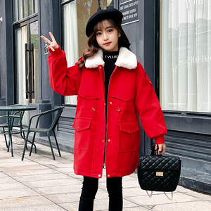 女童加绒派克服外套儿童新款洋气冬装女小孩年服冬季加厚红色上衣