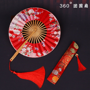 古典日式360度旋转团扇圆形竹工艺扇便携随身风车扇和风扇子折扇