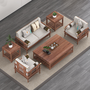 奢华罗汉沙发全黑胡桃木泡茶桌椅组合客厅禅意办公室新中式茶台