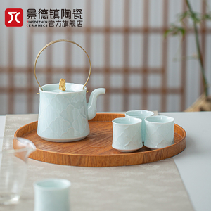 景德镇官方国货陶瓷国色天香功夫茶具影青浮雕中式茶杯茶壶套装礼