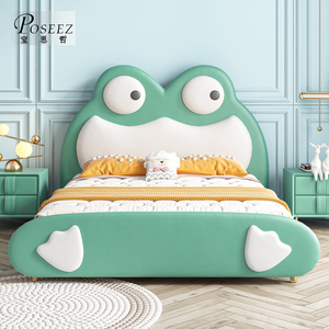 轻奢儿童床男孩单人床1.5米真皮床绿色卡通青蛙创意儿童房ins床