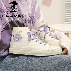 plover啄木鸟软妹小怪兽高帮帆布鞋女小众设计手绘鞋子可爱小白鞋
