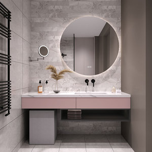 现代极简岩板梳妆台浴室柜组合实木卫生间洗手盆洗面盆卫浴洗漱台