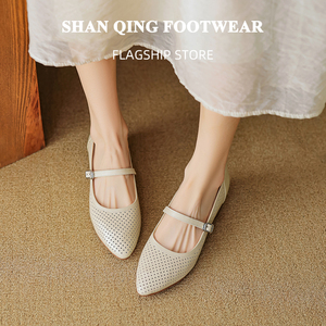 SHAN QING · 掌柜推荐 | 夏季米白色单鞋一字带粗跟真皮镂空皮鞋