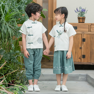 男夏季短袖中衣国学服装女童棉麻茶服儿童夏令营营服定制111人付款45