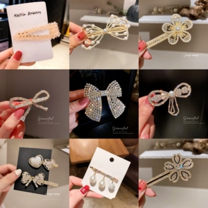 小七时尚珍珠镶钻蝴蝶结花朵发夹鸭嘴夹网红气质设计发饰女