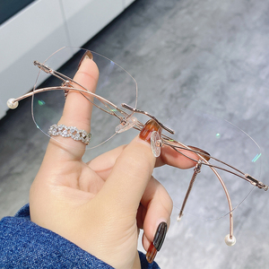无框眼镜女近视钻石切边韩版潮带链条ins风网红款可配近视有度数