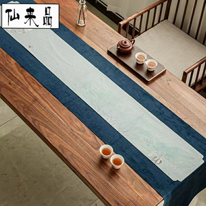仙来品鹿皮绒防水茶席桌旗新中式简约桌布彩绘中国风棉麻布艺茶具