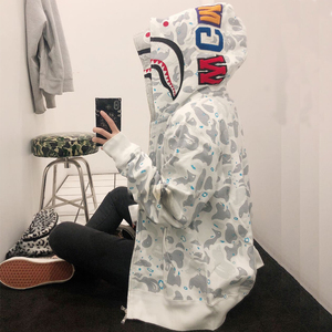 秋冬日系联名夜光双帽鲨鱼卫衣女外套连帽男宽松大码情侣高街潮牌