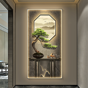 新中式玄关装饰画迎客松挂画入户正对门墙画走廊过道壁画发光灯画