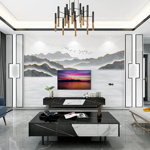 客厅新中式电视背景墙仿大理石护墙板造型影视墙石材现代简约瓷砖