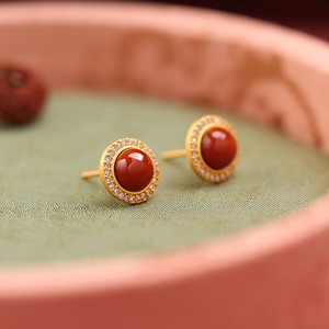 南红玛瑙纯银红色耳钉女镶钻轻奢高级感相思红豆耳环情人节送女友
