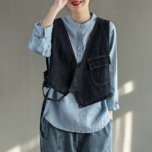 花概念文艺设计感小众v领衬衫牛仔马甲女新款宽松洋气马夹背心潮