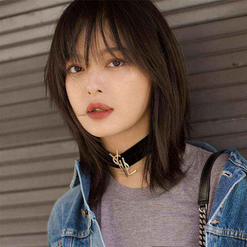 高档辛芷蕾同款假发女短发圆脸真发内扣锁骨发网红中长发全头套式