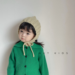 ins韩国网红同款儿童纯色尖顶系带帽子1-3岁婴幼儿宝宝针织毛线帽