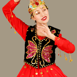 新疆舞马甲女民族风手工绣花马夹演出服饰金丝绒亮片广场舞蹈服装