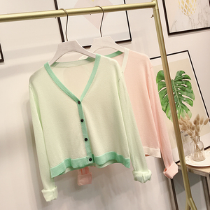 奶绿色针织开衫女薄款夏季拼色短款小外套清新粉嫩韩版防晒上衣
