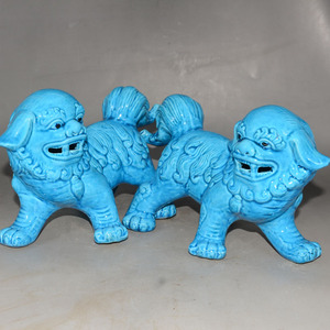 景德镇八十年代厂货曾山东造天蓝单色釉瓷器狮子家居镇宅摆件收藏