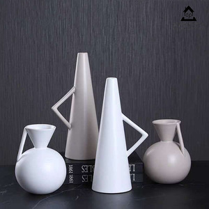 创意极简陶瓷几何艺术水壶造型把手花器样板房客厅桌面软装花瓶