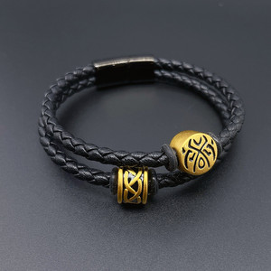 原创设计情侣双层真皮手绳diy串大孔3d硬黄金转运珠配绳男友手链