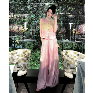今年流行漂亮新中式国风拼接粉色马甲套装裤女2024夏装搭配一整套