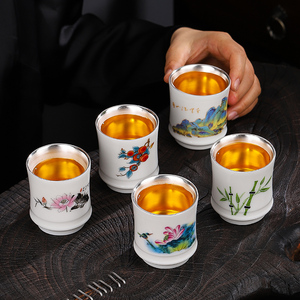 日式竹节杯999纯银内胆主人杯品茗杯单杯茶盏倘口杯家用茶具陶瓷