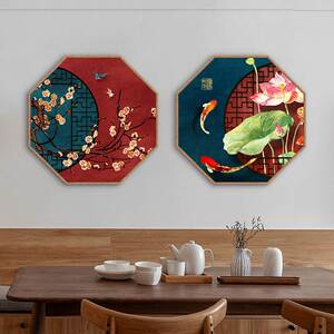 中国风客厅背景墙八边形红色中式建筑元素壁画装饰画餐厅玄关挂画