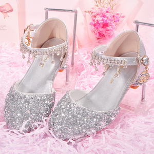 巴柆巴柆水晶鞋女童高跟公主鞋女童银白色礼服模特演出亮晶晶鞋子