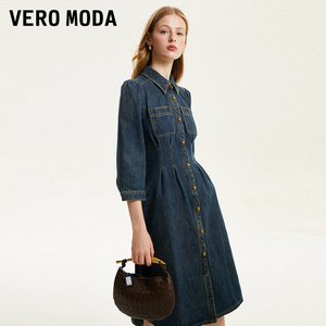 热销商场同款vero moda连衣裙2023早秋新款优雅通勤牛仔修身显瘦