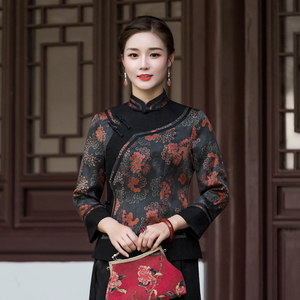 华族经典香云纱唐装女装中国风高端妈妈复古改良盘扣旗袍式上衣