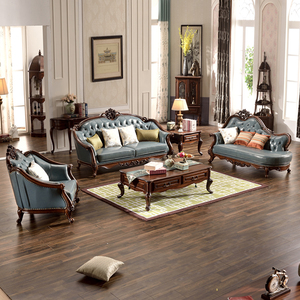 谷珀 美式沙发实木黑胡桃木真皮沙发贵妃椅组合 小户欧式客厅家具
