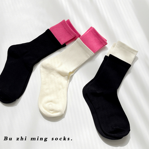 袜子女韩国黑粉双色拼接撞色潮袜玫红假两件运动高筒双层小众个性