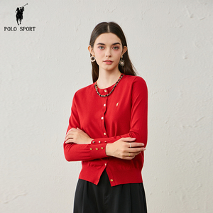 Polo Sport针织开衫女秋季新款气质休闲显瘦大红色圆领毛衣外套女