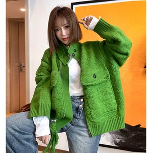糖果色立领拉链绿色毛衣夹克外套女慵懒风高领编织针织开衫上衣秋