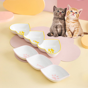 陶瓷猫碗三连碗多猫专用猫粮食盆幼猫食碗喝水碗宠物零食盘罐头盘
