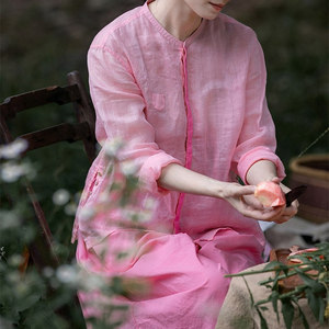 高端衬衣衬衫苎麻粉红色百搭多扣立领长袖纯色中式文艺复古宽松女