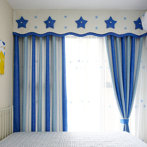 轻奢地中海儿童房男孩窗帘定制蓝色条纹卧室飘窗遮光儿童卡通窗帘