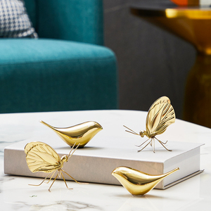 金色纯铜小鸟摆件创意美式轻奢全铜蝴蝶客厅茶几酒柜书房柜装饰品