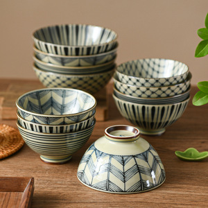 日本进口 古染米饭碗汤碗家用单个高脚小碗釉下彩陶瓷器日式料理