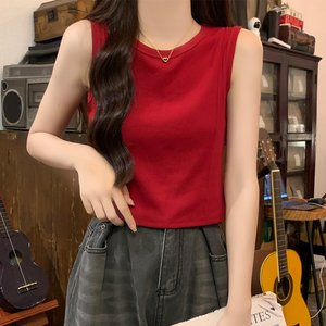 小个子砍袖红色背心女外穿2024夏季新款韩版修身无袖t恤女短款ins