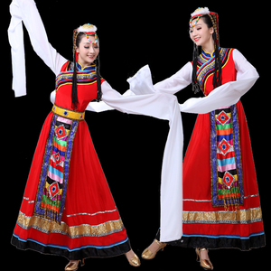藏族舞蹈服装演出服女藏族舞蹈表演服大裙摆水袖演出服藏式女卓玛