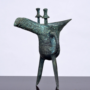 周鼎青铜器 青铜凤纹爵杯酒杯仿古摆件酒爵酒樽红斑绿锈古董收藏