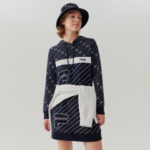 fila/斐乐 女装时尚大logo新年卫衣女连帽女式长款连帽卫衣裙