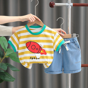 婴儿衣服夏季洋气条纹火箭短袖套装6七8九个月男宝宝休闲短裤童装