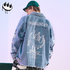 claw money潮牌破洞牛仔外套男补丁拼接情侣印花多袋工装夹克宽松