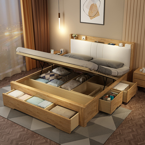 实木高箱储物床小户型床尾带抽屉主卧现代简约落地气压箱体收纳床