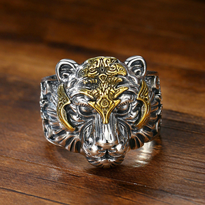 复古925银虎头戒指男老虎男士潮活口可调节嘻哈个性大号霸气