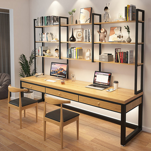 实木双人书桌书架组合书柜一体工业风写字桌loft带抽屉长条电脑桌