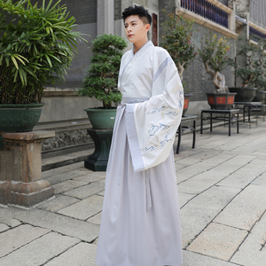 原创汉服男白色清新淡雅广袖日常演出服绣花古装魏晋风情侣cp装